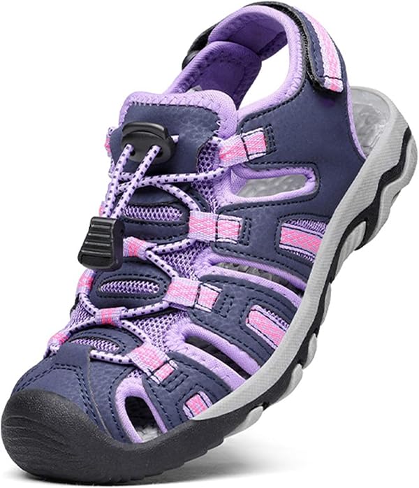 DREAM PAIRS Jungen Mädchen Sandalen Sommer Geschlossene Sport Turnschuhe Athletische Schulschuhe Klettverschluss Sportliche Sandalen Sportsandalen für Kinder LILA/HELL/GRAU 35 160912-K