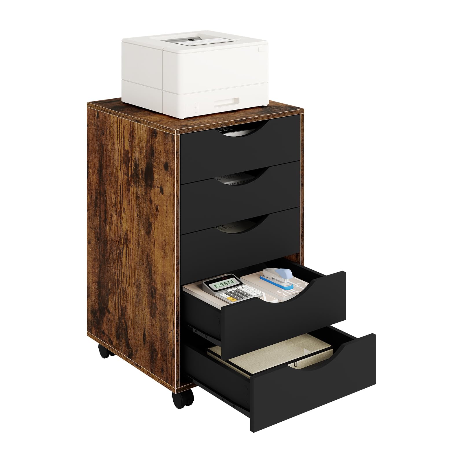 WOLTU Scrivania a Piedistallo con 5 Cassetti, Schedario Rotante, Comodino, Mobile per Ufficio, Camera da Letto, in Legno Ingegnerizzato PB, Marrone Rustico, 40x40x66,5cm