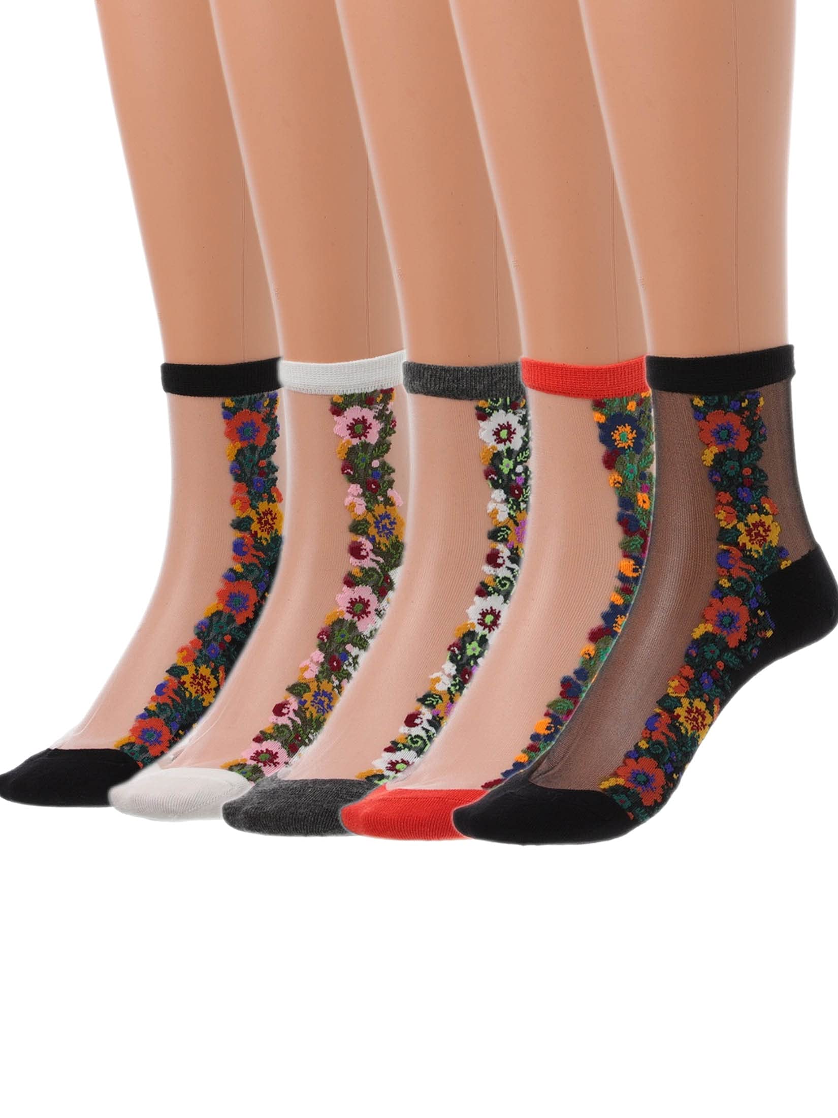 IYOU Vintage Flower Sheer Socks Women Black Mesh Socks Embroidery Ankle Socks Transparent Glass Floral Silk Sock(5 Pairs)