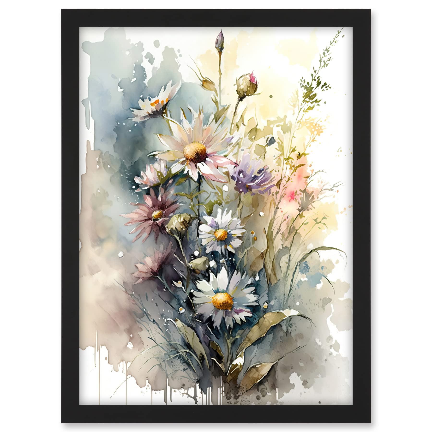 Artery8 Wild Flower Daisies in Bloom Modern Boho Watercolour Painting Artwork Framed A3 Wall Art Print