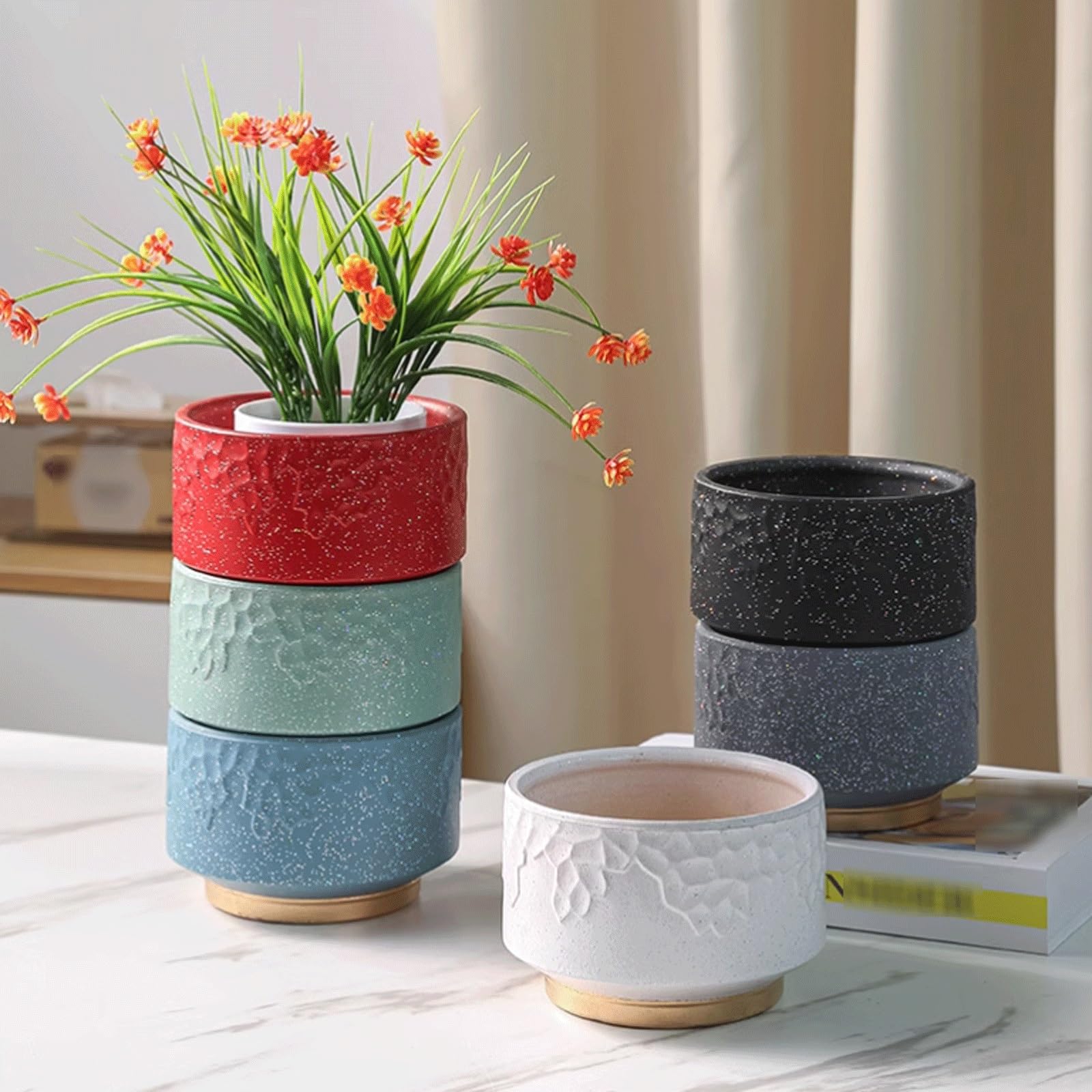 Dekoracyjna ceramiczna doniczka na kwiaty, nowoczesna glazurowana doniczka z otworem drenażowym i spodkiem, nordycka prosta donica na sukulenty, storczyki, zioła, kaktusy, patio (czarna, L)