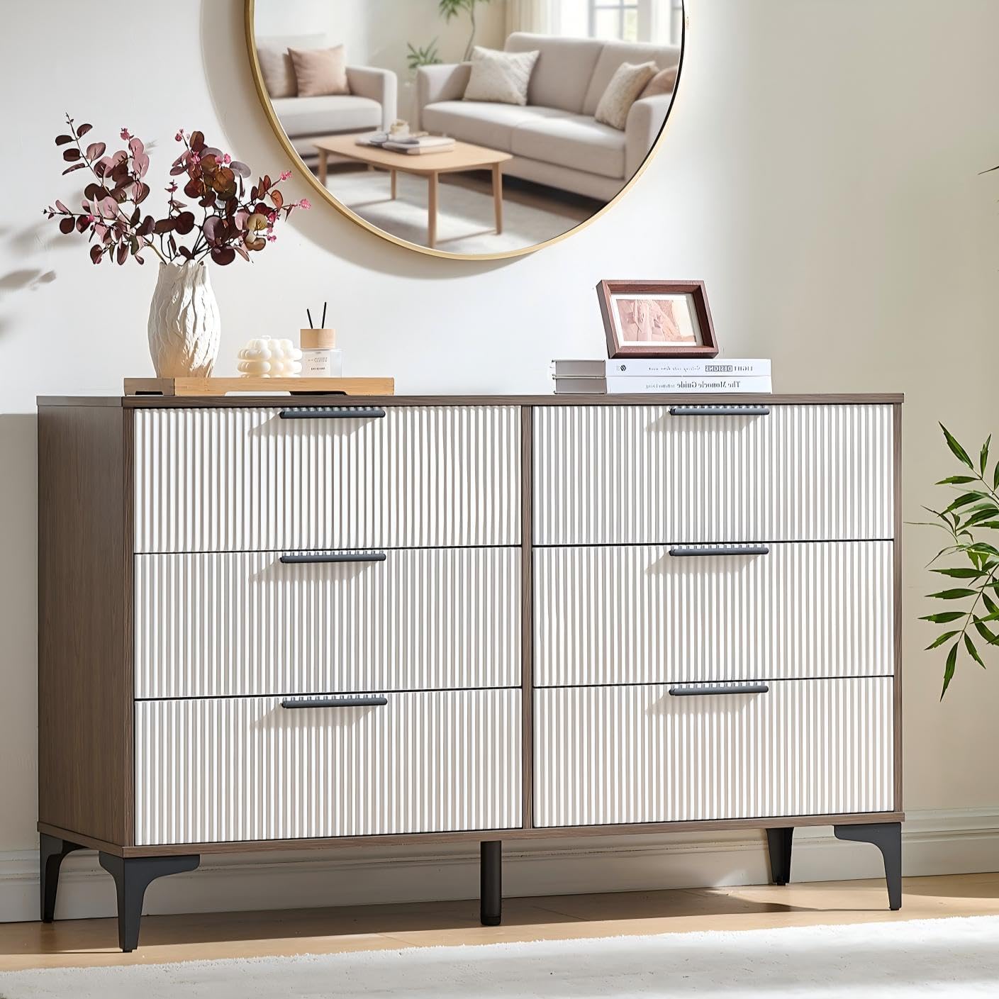 47" Wide Fluted Dresser for Bedroom with 6 Drawers, Walnut/White
