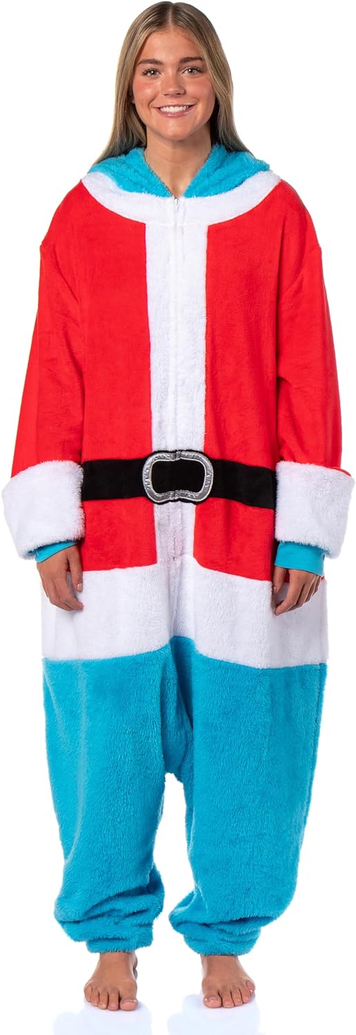 Sesame Street Unisex Santa Cookie Monster Hooded Costume Fleece Pajama Kigurumi Union Suit For Men and Women