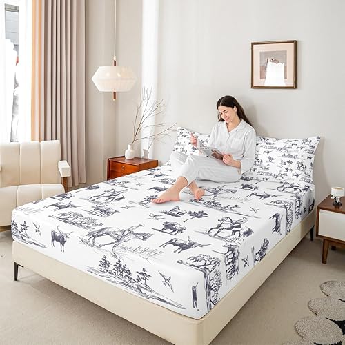 Miniatura 5 de Juego de ropa de cama del oeste, tamaño Queen, diseño de dibujos de vaquero, ganado, caballo, 4 piezas, sábanas de animales de granja para niños,