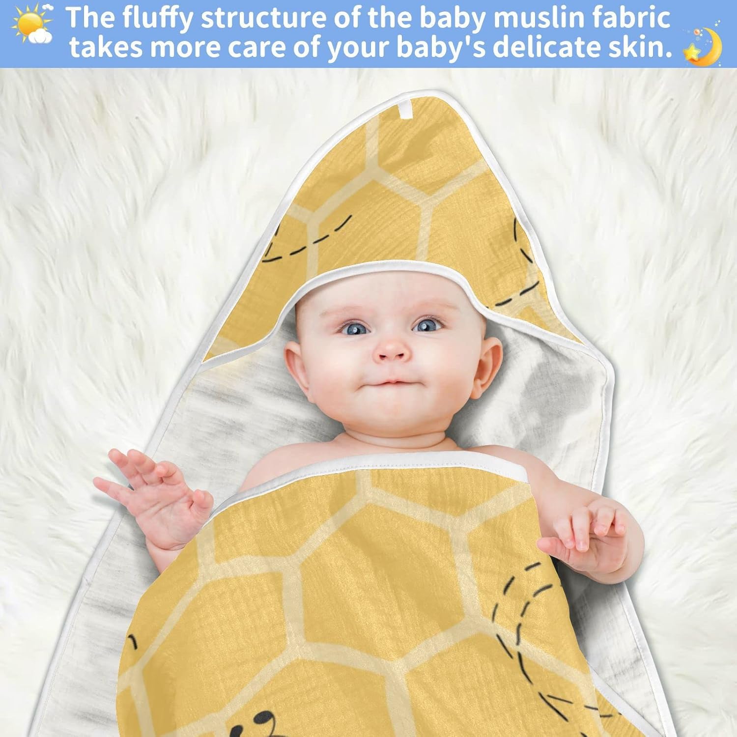 Honey Bees Baby Boys Girls Bath Towel Yellow Bumblebee Beehive Hooded Towels Newborn Toddlers Organic Cotton Washcloths Shower Beach Towel 30 x 30 Inch