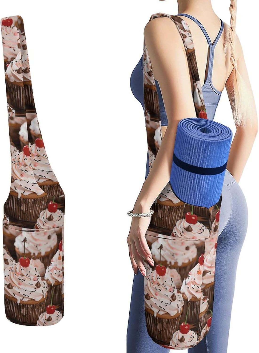 Canvas Yoga Bag,Cupcake And Muffin Printed Yoga Mat Handbag,Portable Yoga Mat Bag Large Capacity Gym Bag for Men Women Pilates Beach Travel
