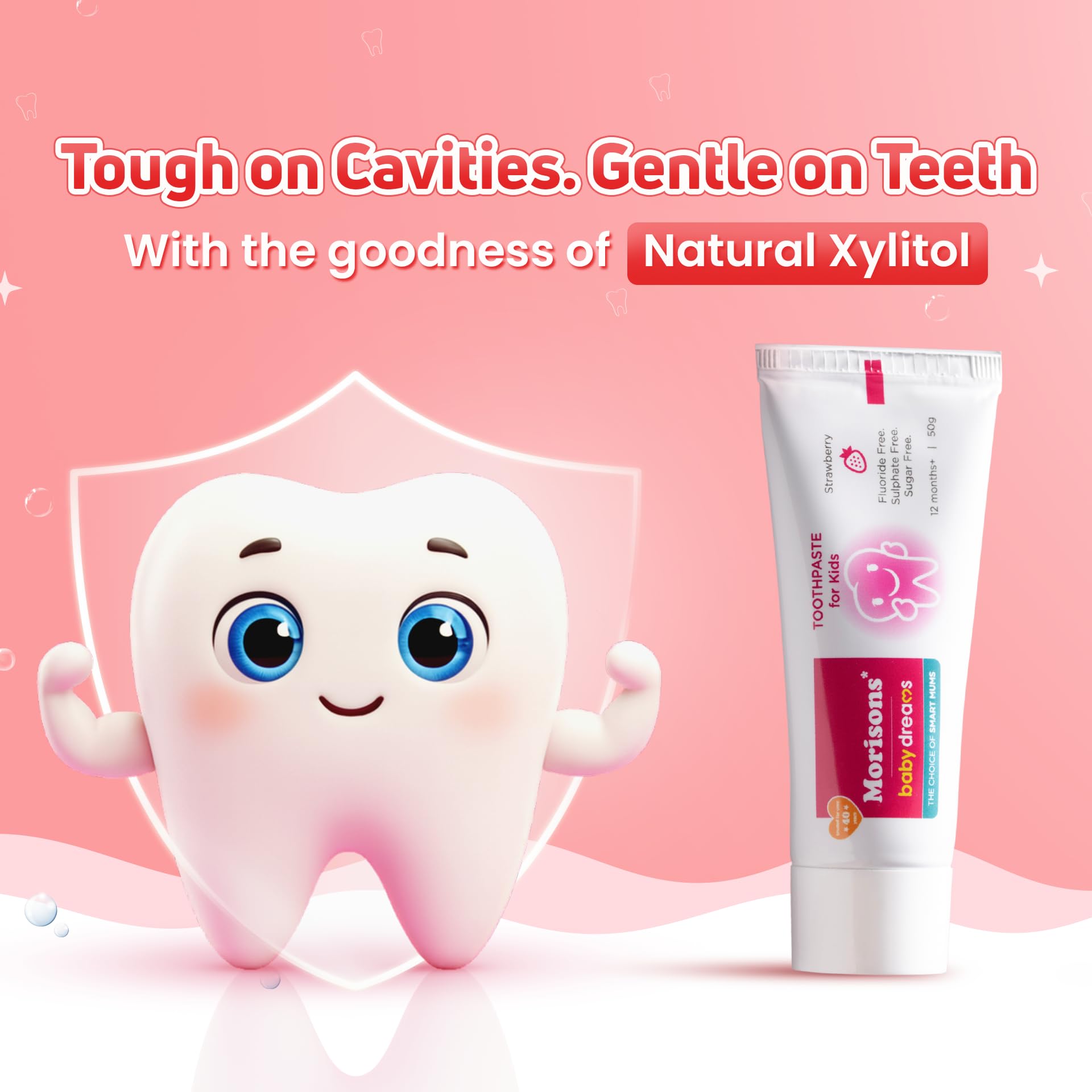 Morisons* Babydreams The Choice Of Smart Mums Kids Strawberry Flavour Toothpaste 50 Gram (Pack Of 3), Fluoride Free, Sulphate Free & Sugar Free, 12M+ 1