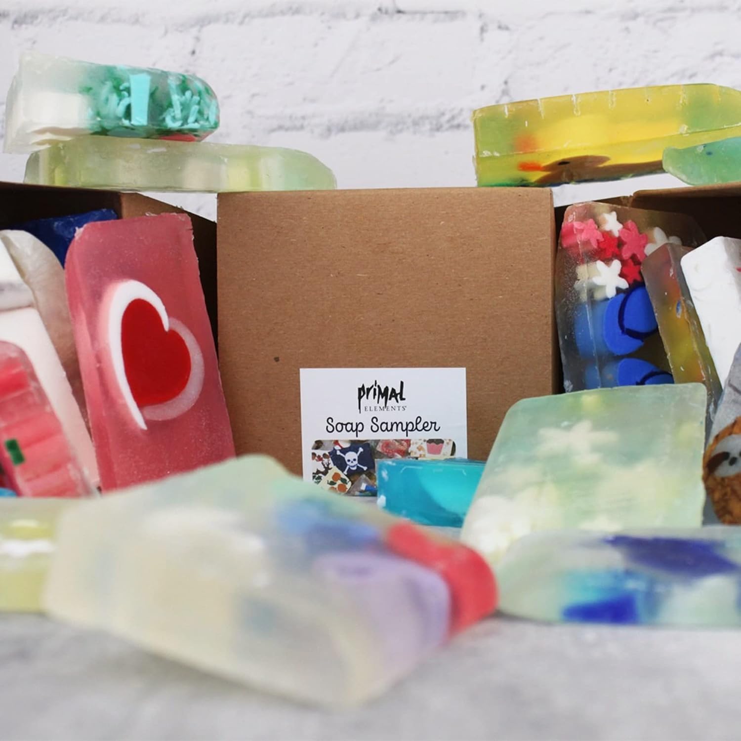Primal Elements Soap Box Sampler - Mystery Box of a Variety of Unisex Bar Soap (GRABBAG) - Unique Designs, Rich Lathering, Moisturizing, and Wonderful Scented Glycerin Soaps