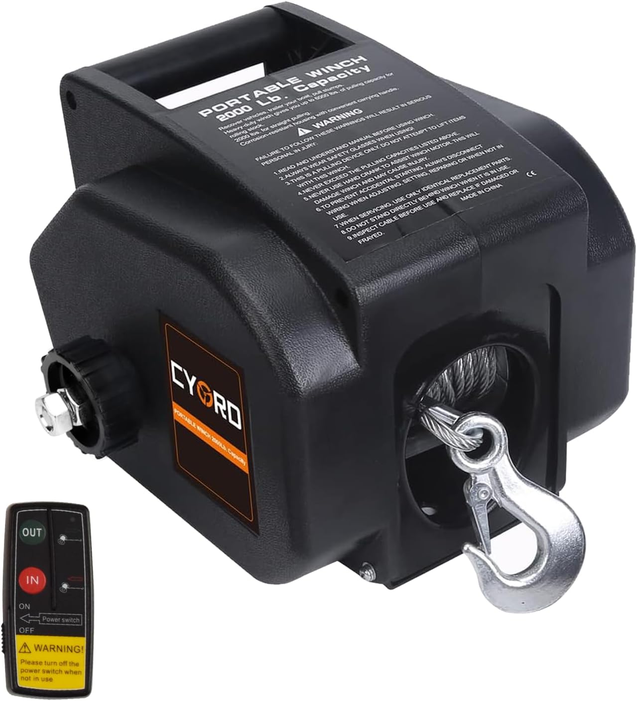 Portable Trailer Winch, Reversible Electric Winch 12V DC, Power-in, Power-out and Freewheel Operations for Boats 2000 lbs with Wireless Remote Control and Hand Crank