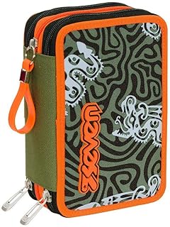 ASTUCCIO 3 ZIP SEVEN - TOTEM CAMOU GREEN - Scuola - Attrezzato con Pennarelli, Matite