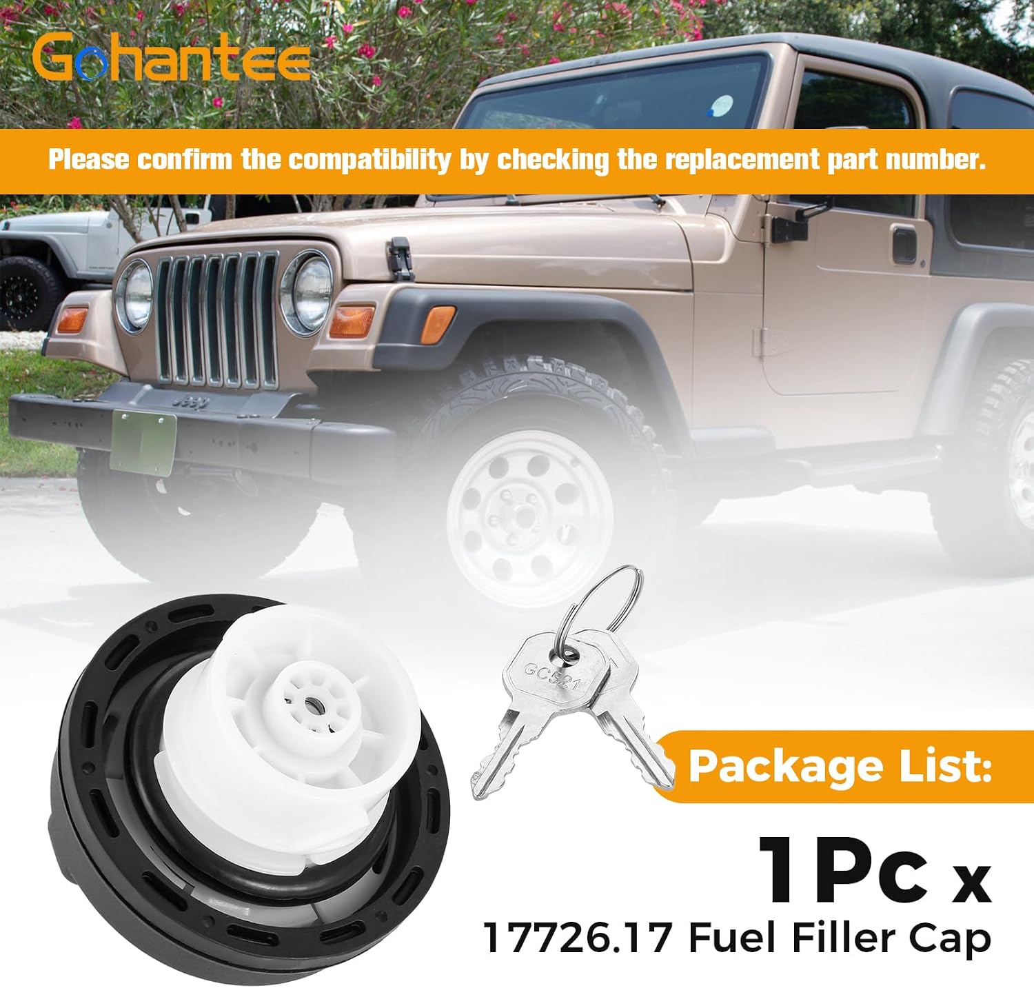 gohantee 17726.17 Gas Cap Locking, Locking Fuel Tank Cap Replacement for 2001-2018 Jeep 2005-2017 Wrangler TJ LJ JK JKU JL JLU JT 1999-2017 Chrysler 1999-2019 Dodge 2010-2020 Ram 2008-2015 Challenger