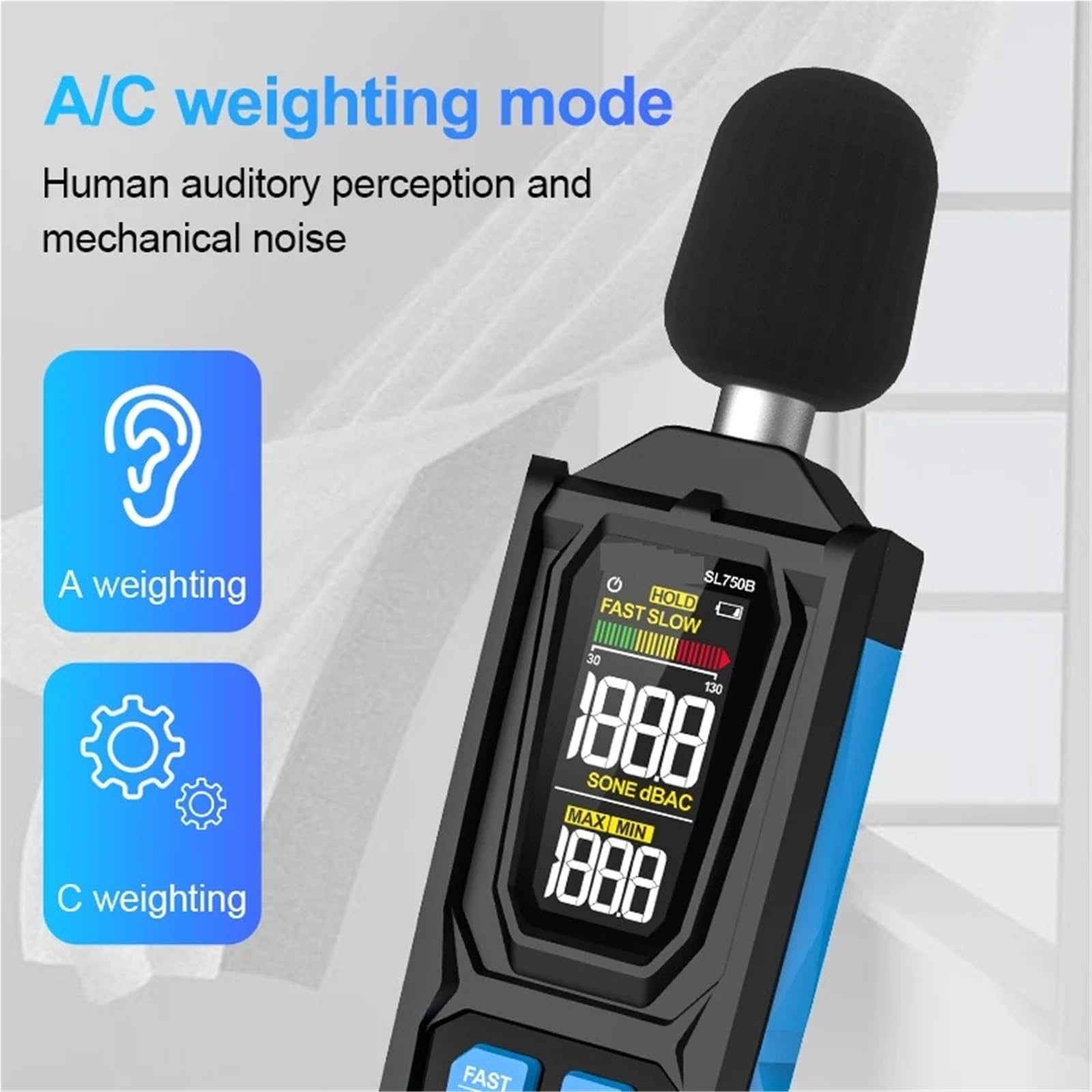 Medidor de decibelios, Sonómetro digital 750/750B, comprobador de ruido profesional, aire acondicionado, 30-130 dB, decibelímetro, instrumento de medición(750B)