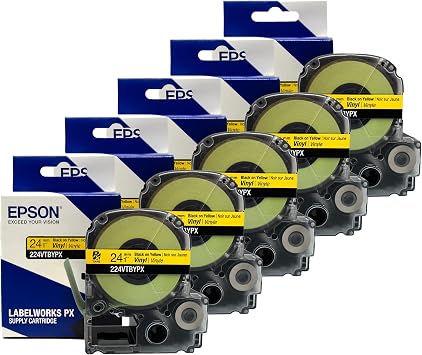 Epson LABELWORKS 224VTBYPX-5PK Vinyl Tape - Black on Yellow - 1" 24mm | Genuine Epson flexible vinyl label tape, conforms to curved & textured surfaces, durable & weatherable