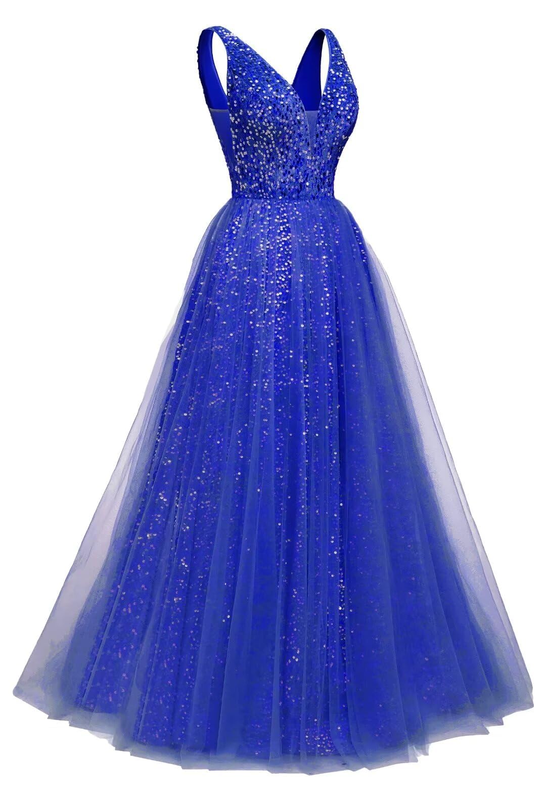 Kurface Women's Royal Blue Glitter Prom Dresses For Tulle V Neck Long Sequin Homecoming Dress Sleeveless Ball Gown Uk8