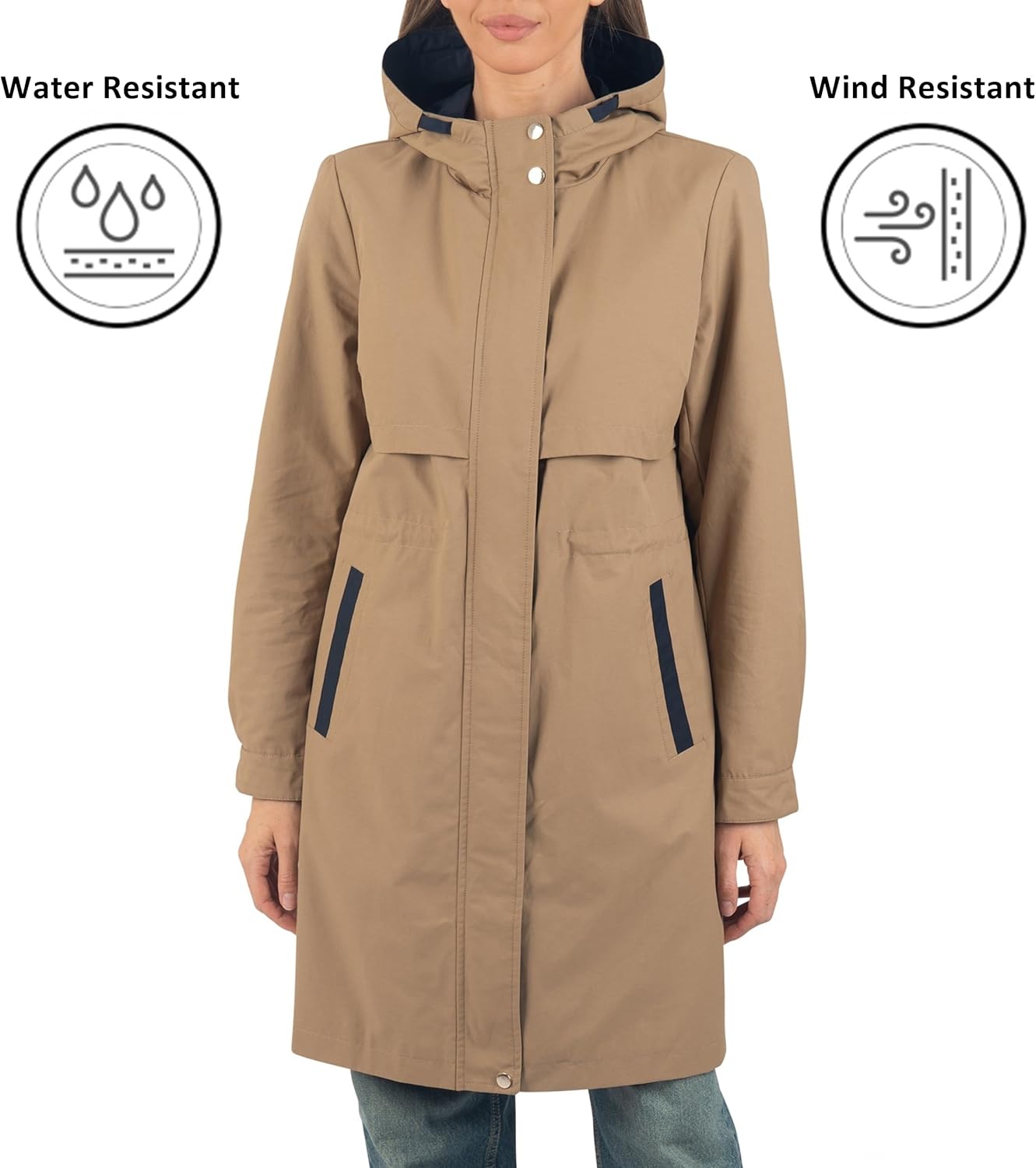 Alpine Swiss Tanya Womens Hooded Rain Jacket Long Raincoat Trench Coat Windbreaker - Image 2