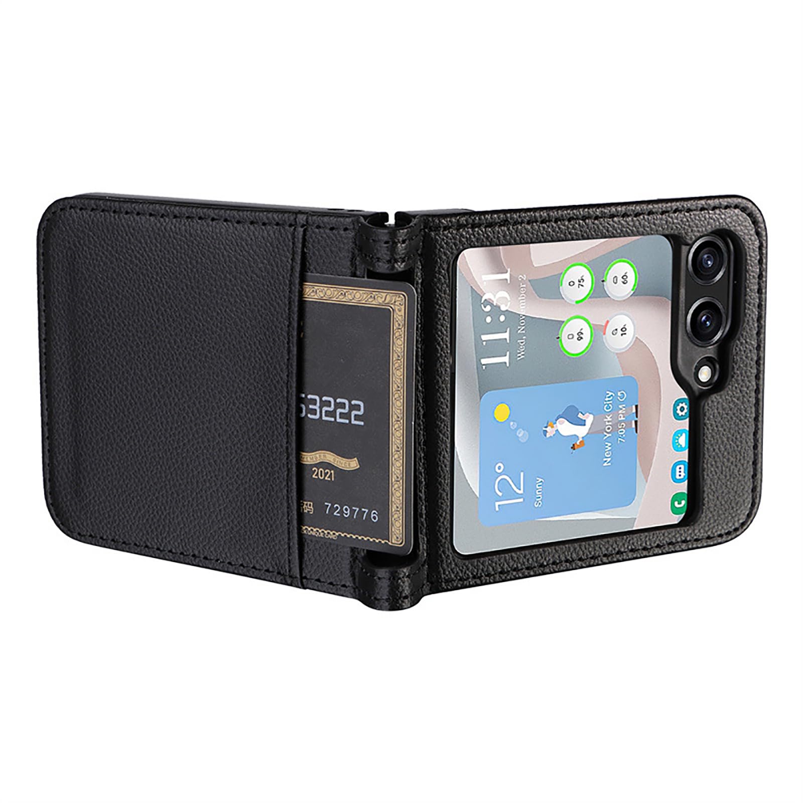 Smukłe etui do Samsung Galaxy Z Flip 6, minimalistyczny wzór liczi, jednoczęściowe skórzane etui z przegródką na karty, obsługa bezprzewodowego ładowania, jasnoniebieskie