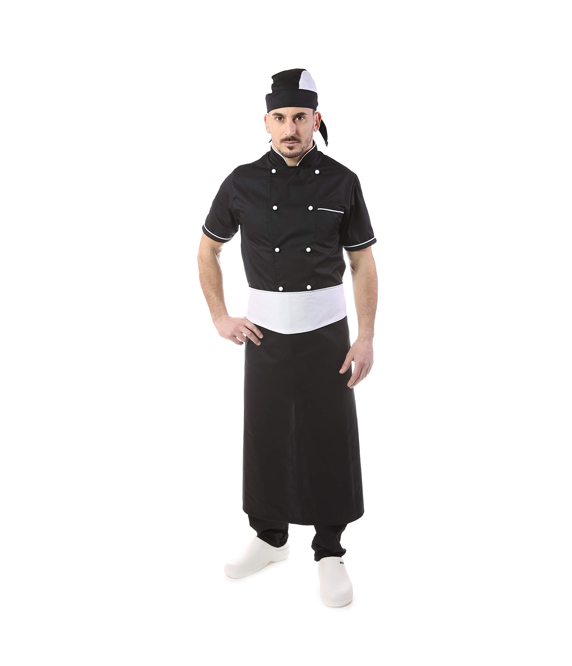 RICAMO GRATUITO - Completo Cuoco e Chef Nero - Profili Bianchi - Uomo - 4 PZ - Giacca Manica Corta, Pantalone, Davantino e Bandana - Divisa per Cucina e Ristorante - Made in Italy