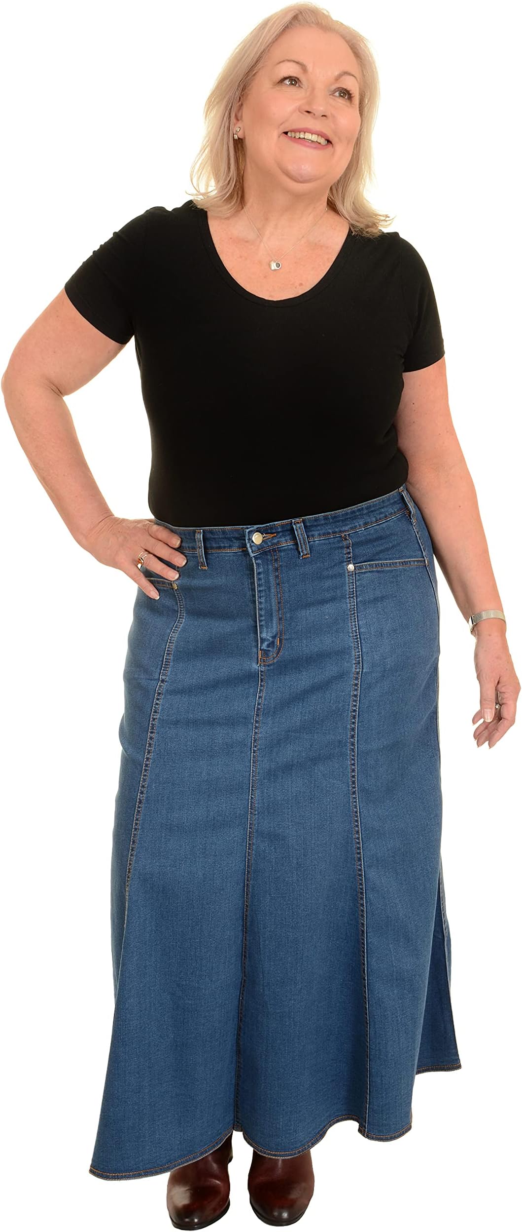 Ice Cool Ladies Long Flared Stonewash Stretch Denim Skirt - Sizes 4 to 26, in 30" & 35"