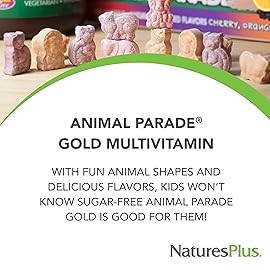 Natures Plus Animal Parade Source of Life Gold Children\'s Chewable Multivitamin - Assorted Cherry, Orange & Grape Flavors - 60 Chewable Tablets - Vegetarian, Gluten-Free - 30 Servings