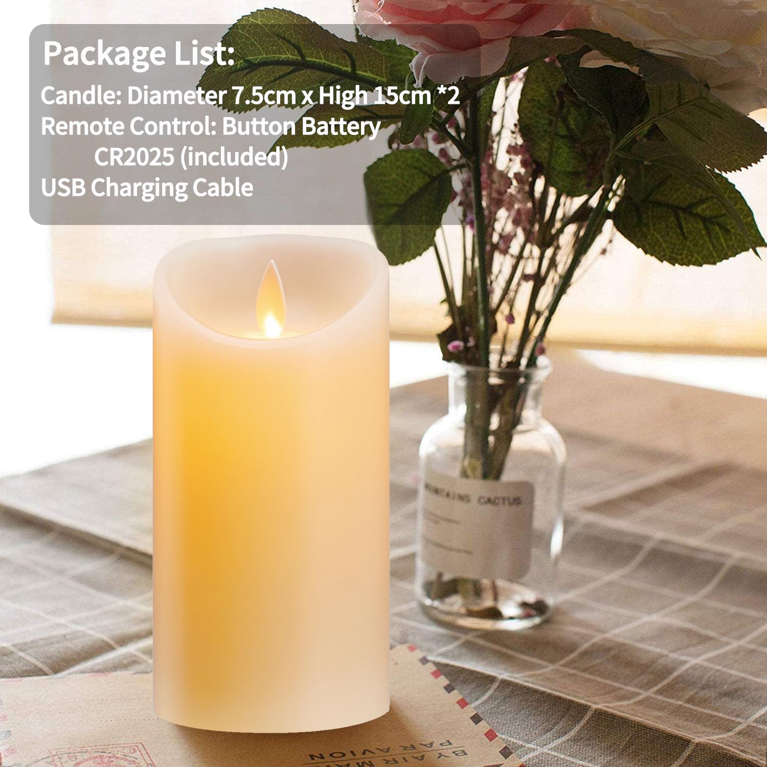Candele a LED, confezione da 2, candele ricaricabili, senza fiamma, con telecomando, candela di ricarica con cavo USB, Bougie con timer per Natale, Halloween, decorazioni per festival, 7,5 x 15