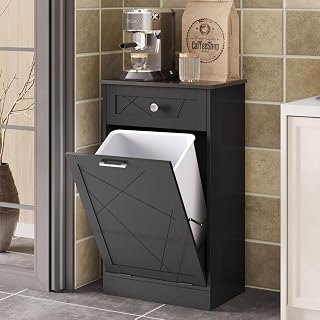 Trash Cabinet Double Tit Out Trash Bin, Dog Proof Hideaway Tilt Out Double Trash Can Holder with Two Drawers, Free Standing Recycling Cabinet for Kitchen Living Room White Single Door Black