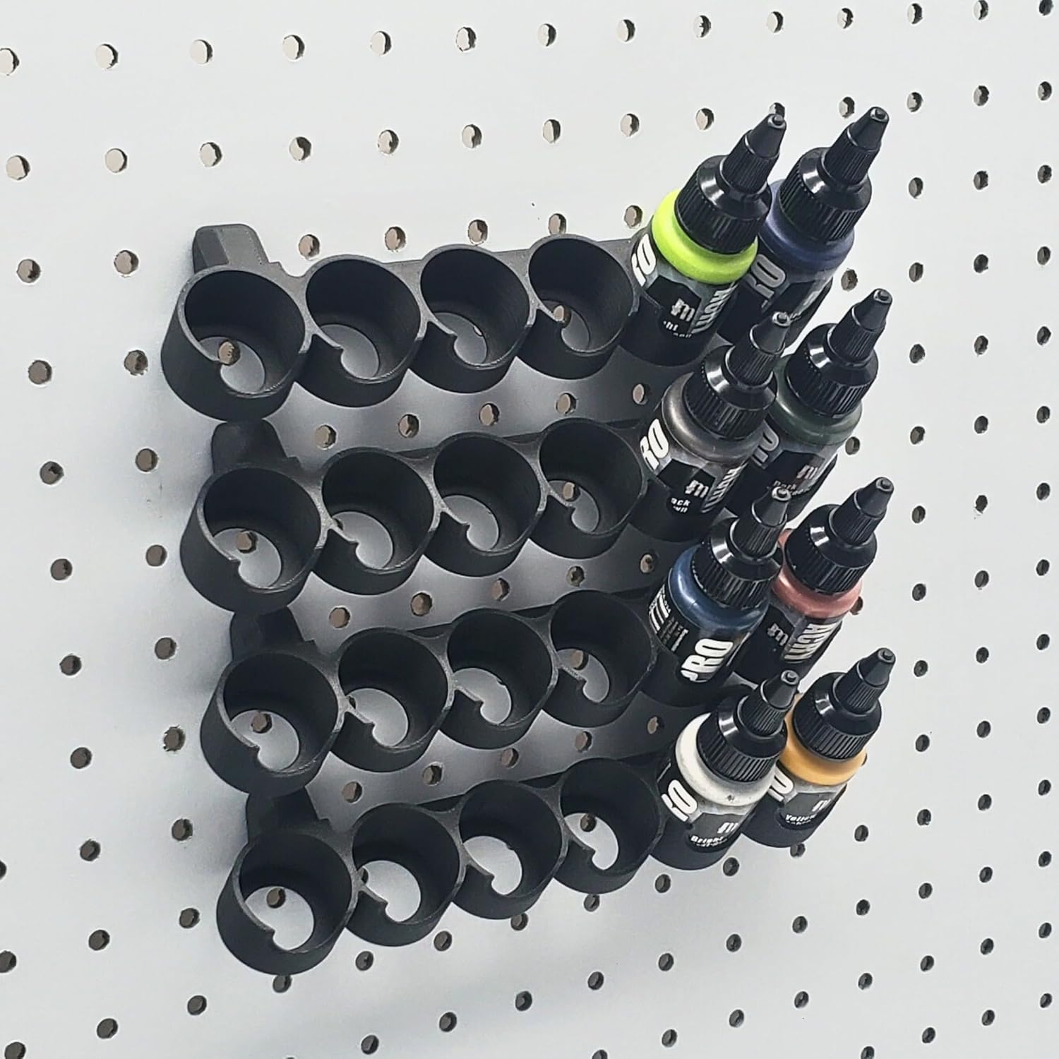 Just Hanging 1/4" Pegboard Paint Rack – Compatible with 22mL Pro Acryl Bottles by Monument Hobbies, Holds 6 Paints/Holder, Pegboard Organizer for Miniature & Hobby Paint Storage (4, Matte Black)