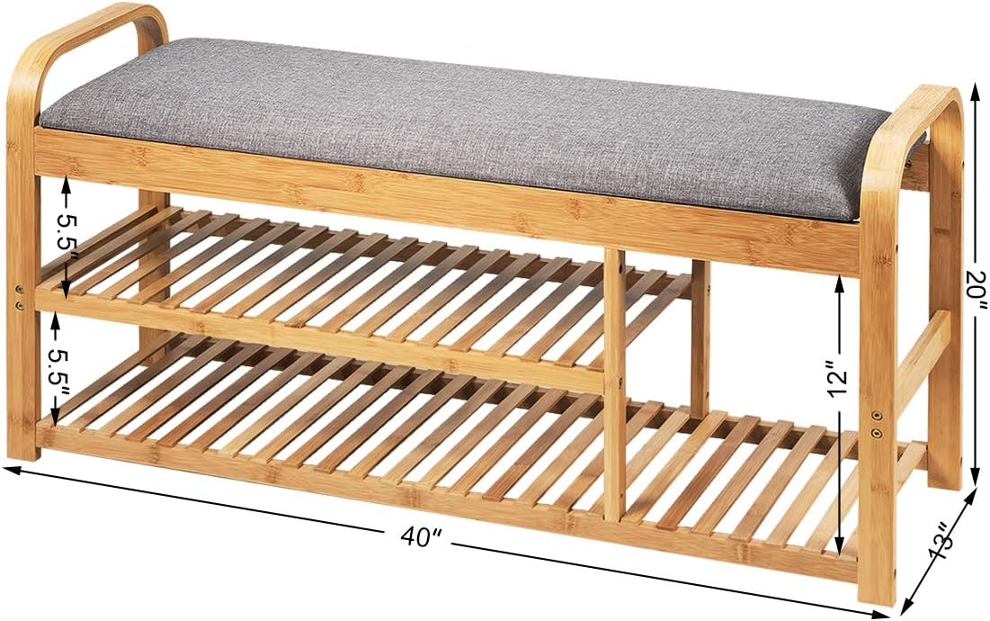 Giantex Bamboo Shoe Bench,3-Tier Entryway Bench with Cushion,Max Load 330 LBS, Modern Stool Storage Shelf for Bedroom Living Room Hallway (Natural and Grey)