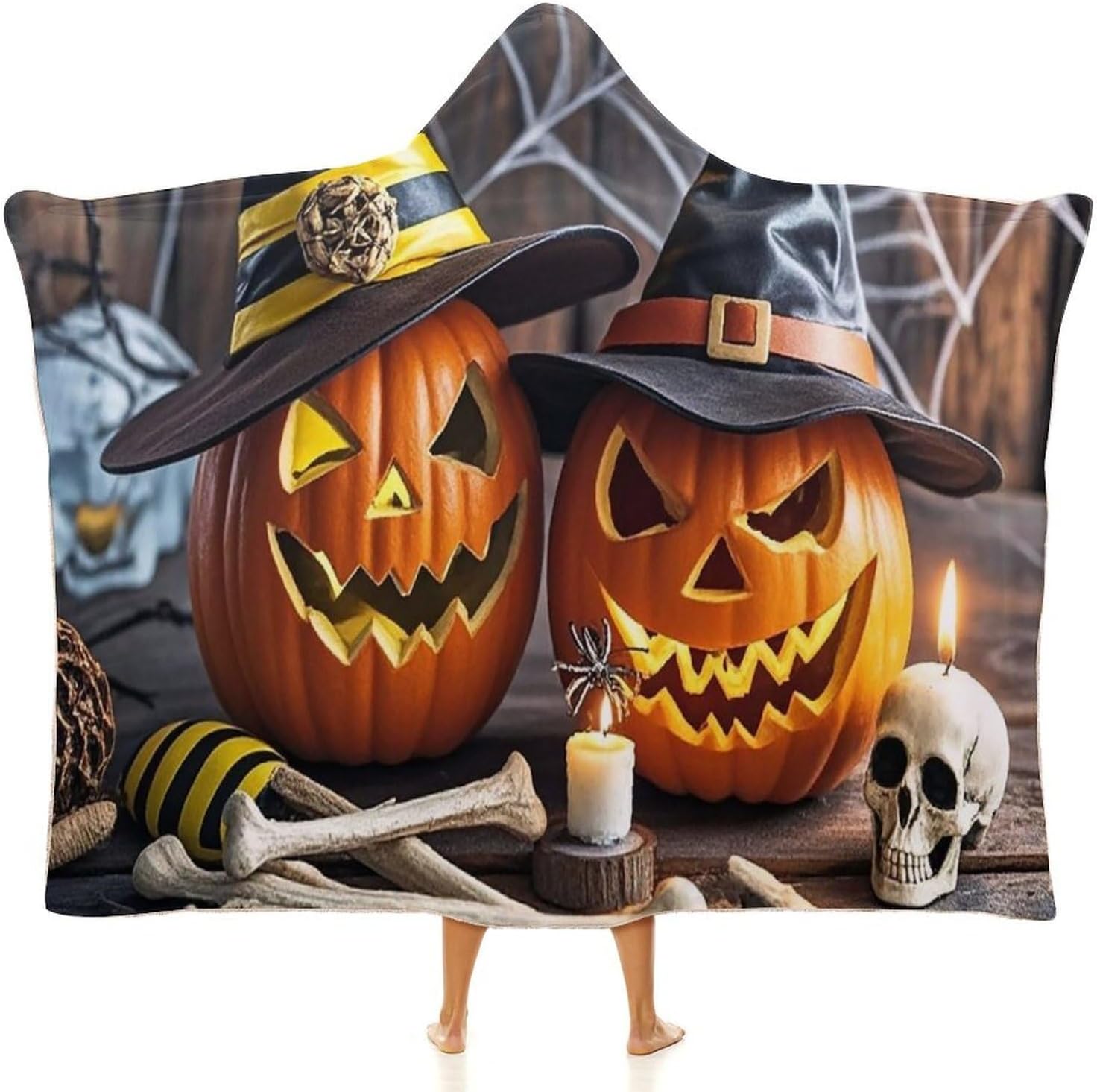 Smiling Strange Pumpkin Wearable Hooded Blanket, Ultra Soft Arctic Velvet Cape Cloak Unisex - Cozy Wearable Blanket