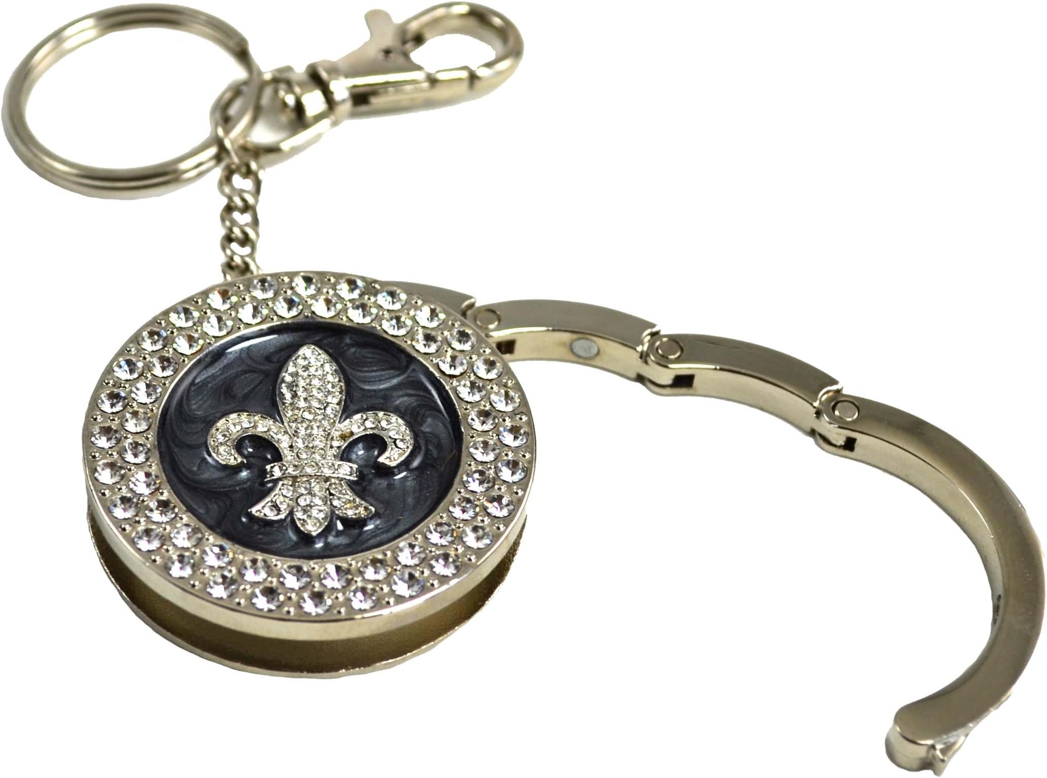 Fleur De Lis , Clear Rhinestone & Silver Tone Metal With Black Accent Round Collapsible Purse Hanger & Key-chain