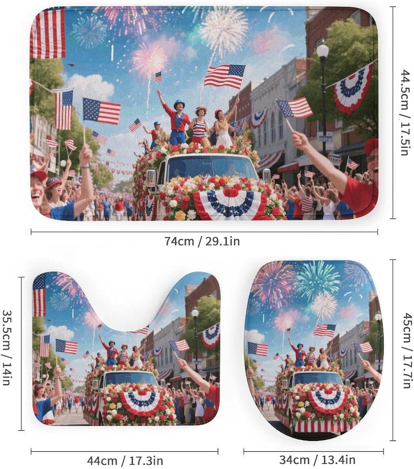 America Independence Day Shower Curtain Set 4 Piece, Non-Slip Bath Mat with Toilet Lid Cover and Waterproof Shower Curtain with 12 Hooks, Complete Bathroom Set for Home Decor