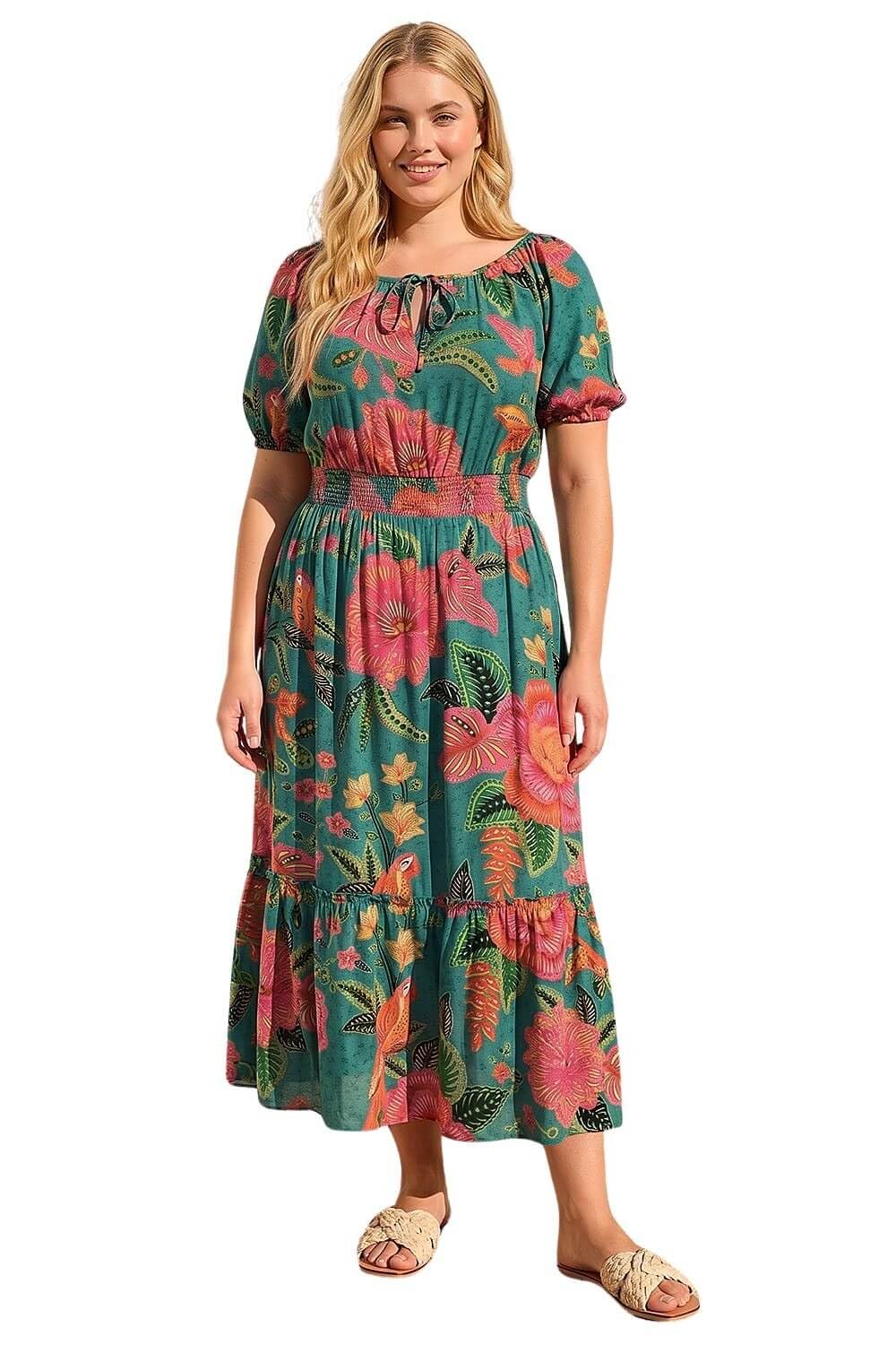 Roman Women's Green Curve Floral Shirred Waist Midi Dress In | Size: 20