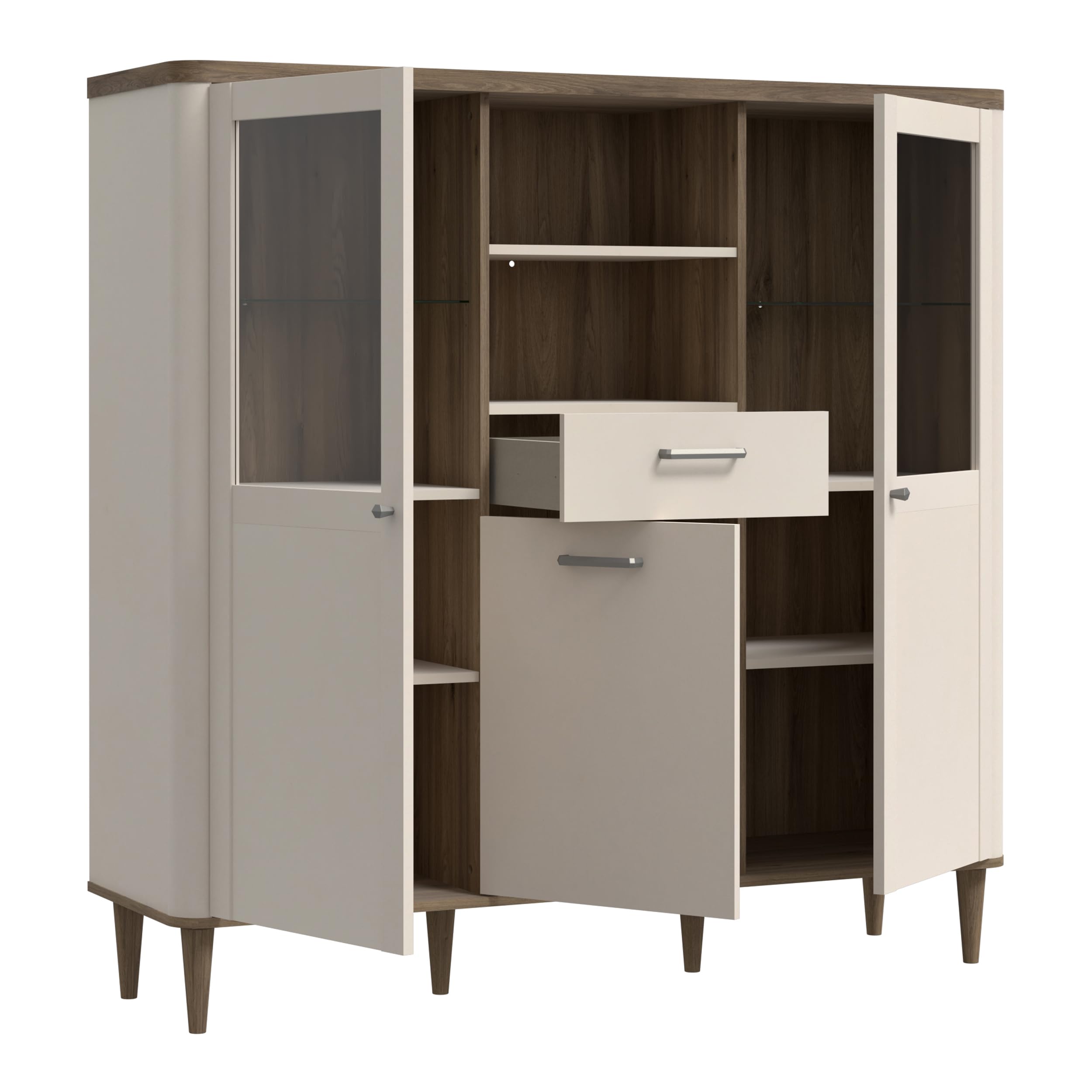Forte LACETTI Highboardvitrine 150, Moderne Wohnzimmervitrine mit Skandi Lamellen Design, 3-türig, 1 Schublade, Kaschmir|Beige|Valencia Eiche Holzdekor, 144,8 cm breit x 142,9 cm hoch x 41,2 cm tief