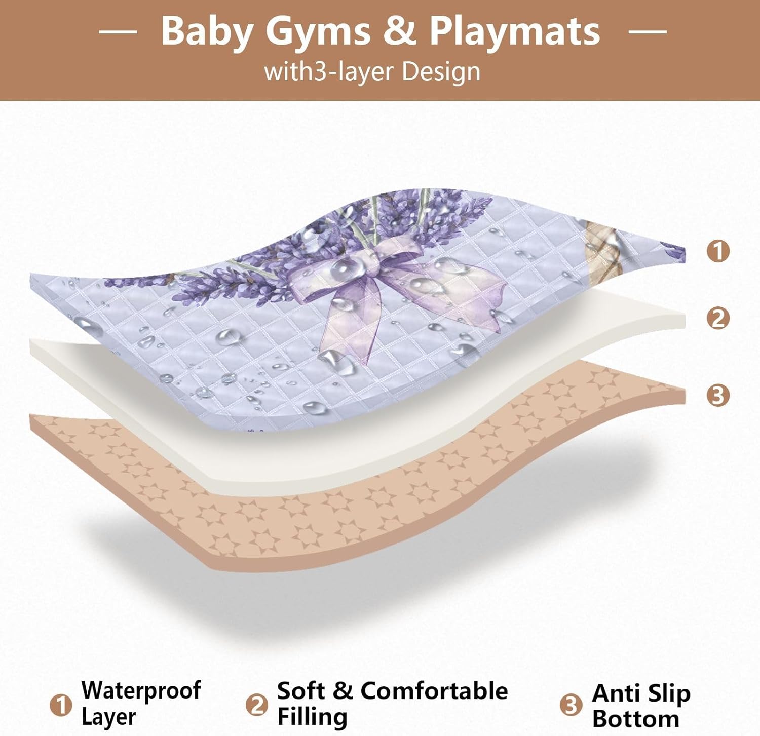 Watercolor Lavender and Bow Pattern Baby Play Mat, 50“ X 50” Washable Folding Crawling Mat, Baby Floor Mat, Soft, Thick, Non-Slip