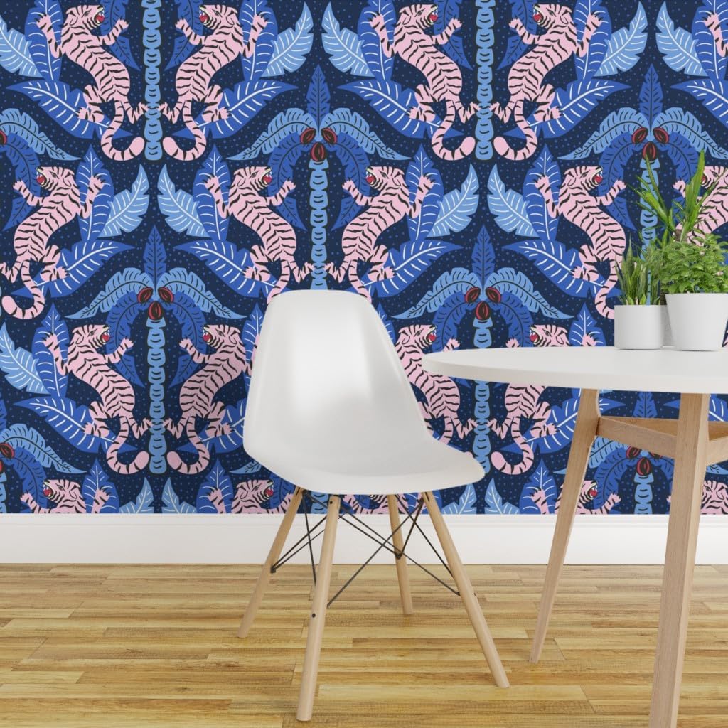 Removable Wallpaper 6ft x 2ft - Tiger Damask Pink Blue Jungle Tropical Custom Pre-Pasted Wallpaper by Spoonflower