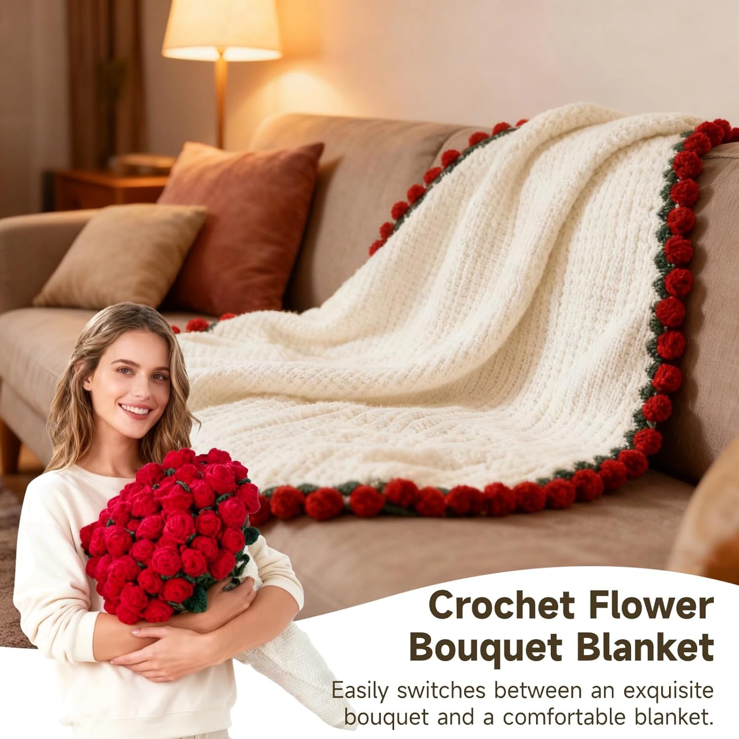 43" Red Rose Crochet Flower Throw Blanket for Mom Wife Grandma, Knitted Flower Foldable Red Rose Summer Winter Blanket, Machine Washable Shawl for Birthday, Anniversary, Holiday