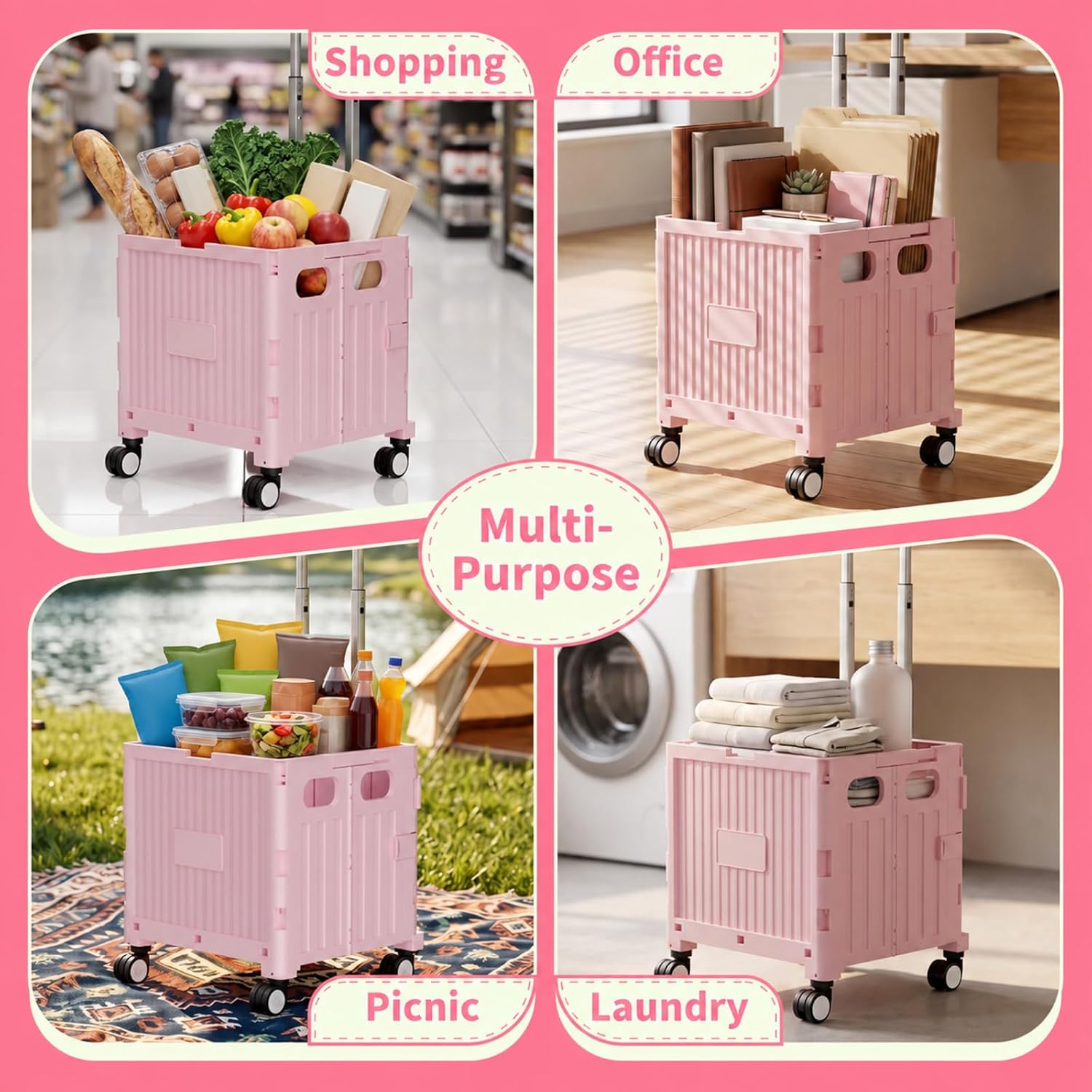 Foldable Shopping Cart with Wheels: Pink Rolling Utility Crate
