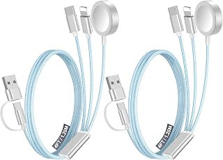 2Pack Multi Fast Charging Cable for Travel Vacation Essentials,Apple Watch Charger,iPhone Charger[3-in-2] USB A/Type C/Lightning Cable for iWatch,iPhone 16-11,Nintendo Switch,Airpods,Car,Camping-Blue