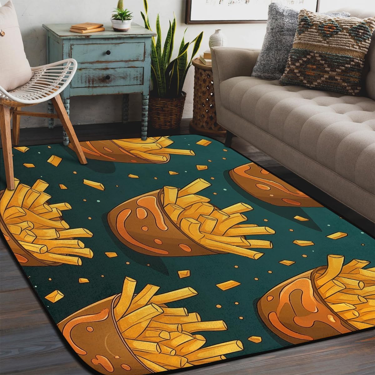 Bathroom Rug Pad, 48 "x72/4'x6', Non-Slip Rug Pad for Hardwood Floors and Tile, Reusable and Washable Area Rug Tape, Double Sided Adhesive Clamps, Keeps Corners Flat Potato Fries Pattern