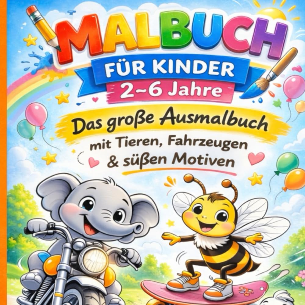 Malbuch für Kinder von 2-6 Jahren: Das große Ausmalbuch mit Tieren, Fahrzeugen & süßen Motiven