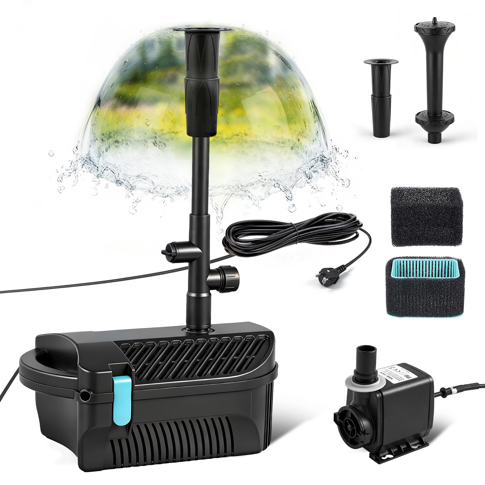 Super Eco Teichpumpe mit drei austauschbaren Düsen geliefert, Filterpumpe, niedriger Verbrauch, Wasserpumpe für Koi-Teich, Bachlaufpumpe, 2500 l/h