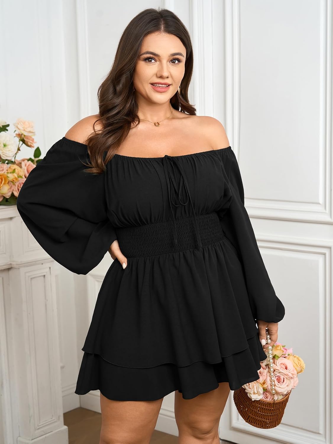 SCOMCHIC Women Plus Size Romper Dress Short Jumpsuit Square Neck Long Sleeve Fall High Waist Ruffle Mini Boho Jumpsuits - Image 3