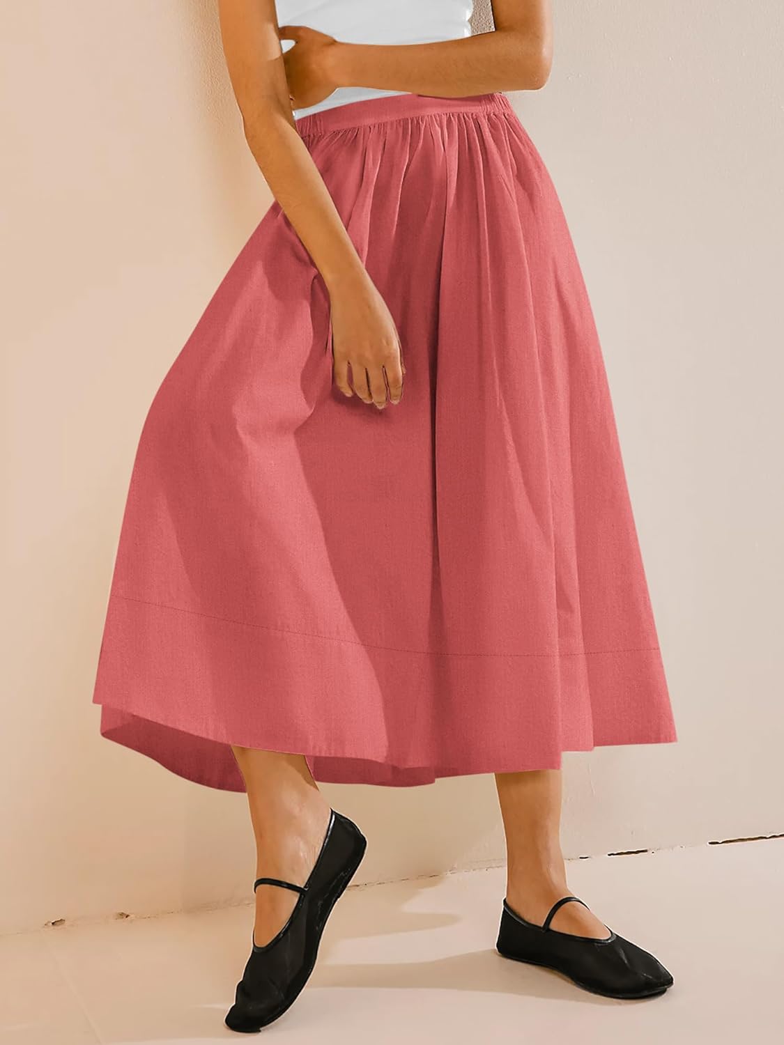 Yousify Women’s A-Line Midi Skirts Casual Elastic High Waist Flowy Swing Pleated Beach Boho Long Skirt with Pocket