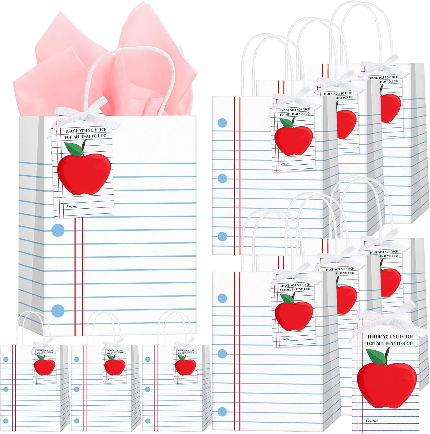 Kolldenn 24 Sets Teacher Appreciation Gift Bags Lined Notebook theme Paper Bags with Tissue First Day of School Thank You Teachers Bulk Goodies for Graduation Party Supplies