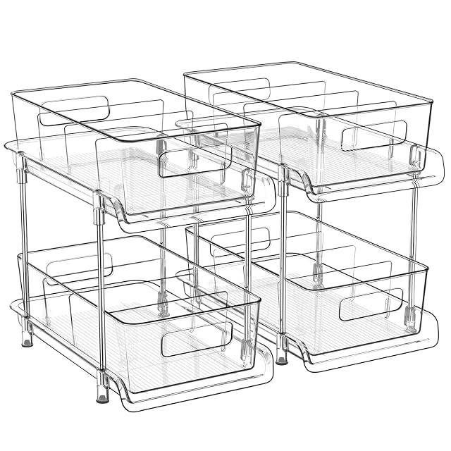 HIHEGD 2-Tier Bathroom Organizer with Dividers Clear Under Sink and Pull-Out Cabinet Organizer for Kitchen and Pantry Storage