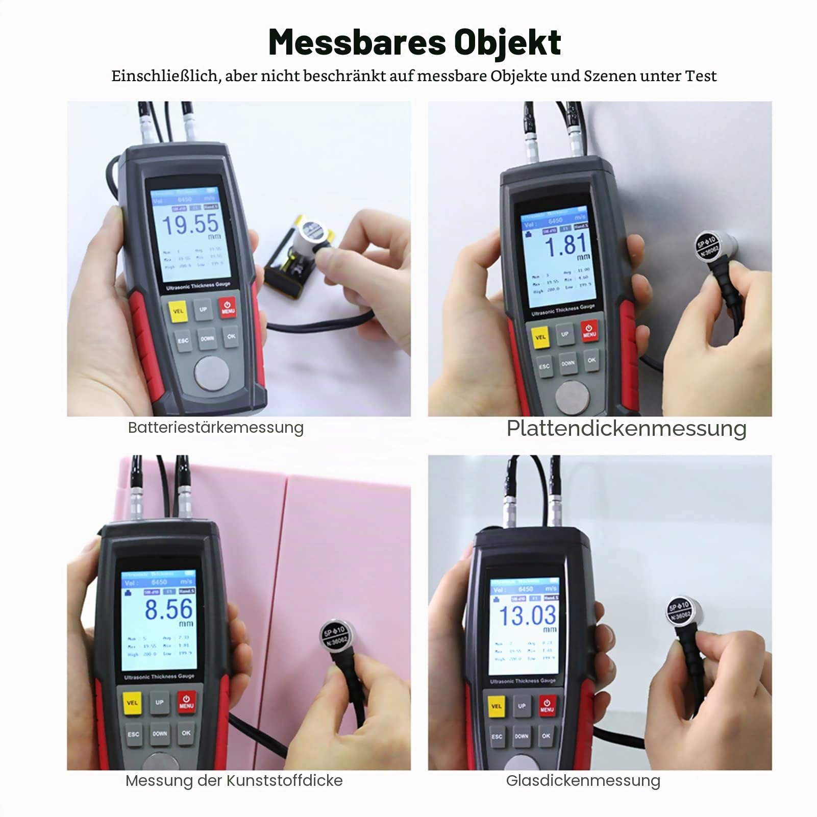 BuyWeek Ultraschall Dickenmessgerät, WT130A Digitales Ultraschall Dickenmessgerät Handheld Ultraschall Dickenmesser 1,00–300,0 mm Messbereich