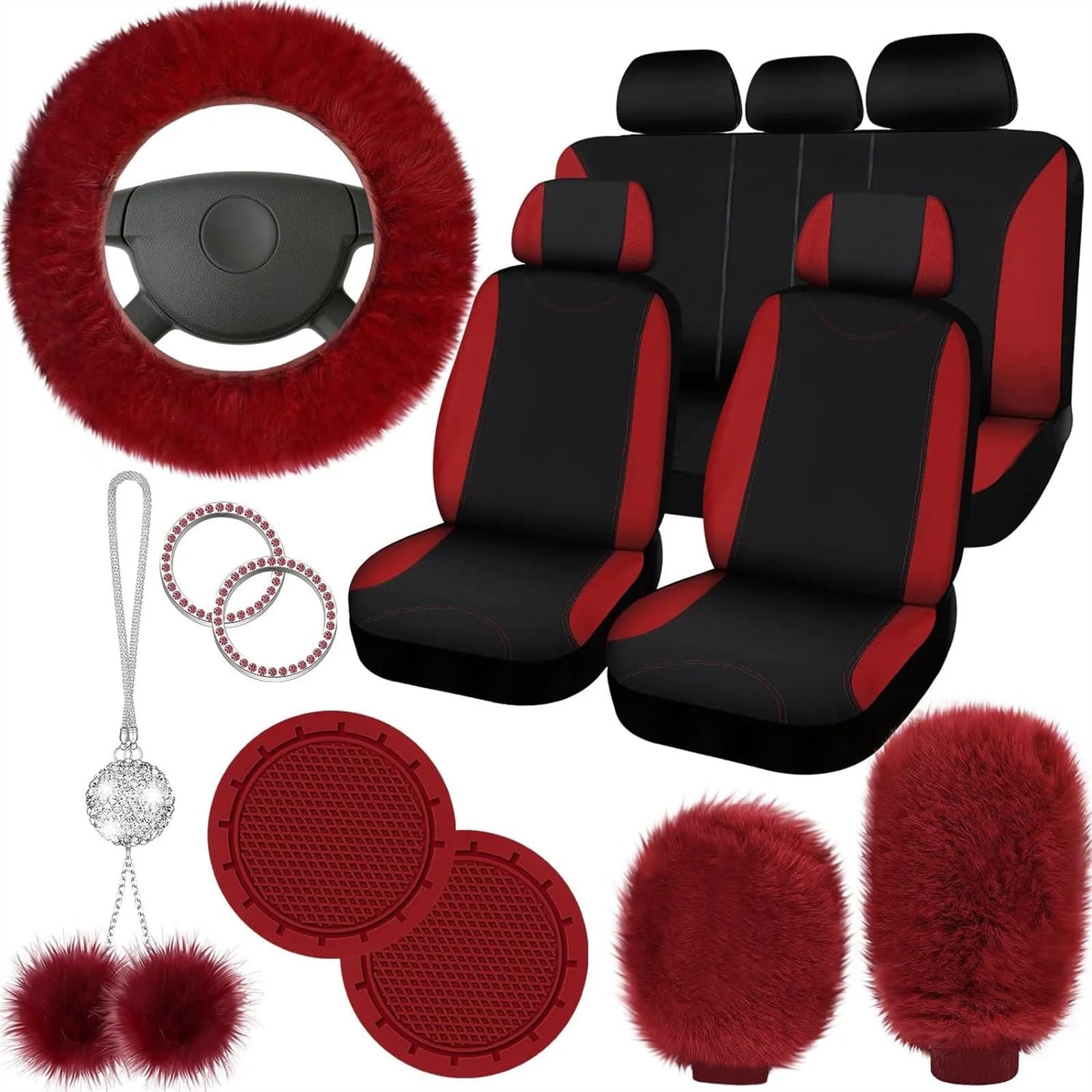 Coprisedili per auto Set di 17 coprisedili per auto, anteriori e posteriori per, coprivolante in peluche, coprifreno a mano in