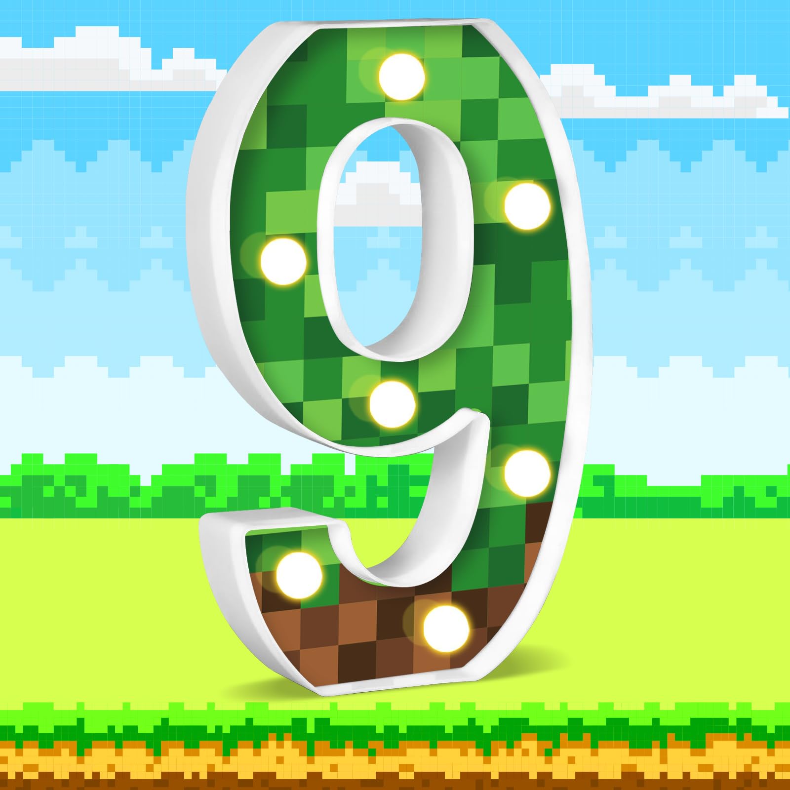 8.5" Pixel Game Light up Numbers Pixel Game Birthday Decorations Happy Birthday Light up Sign Pixel Pattern Game Theme Night Light Pixel Party Supplies Table Centerpieces (Number 9)