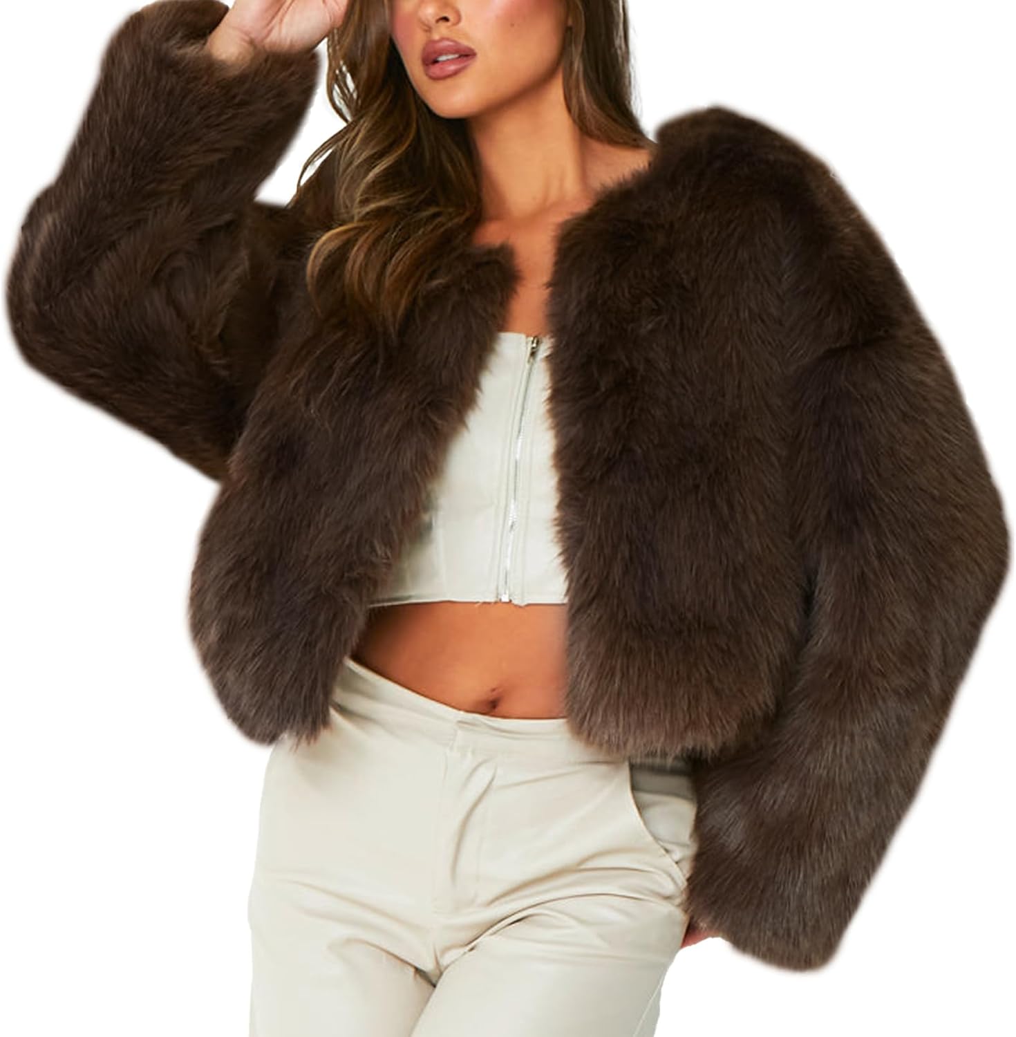 Flygo Women Faux Fur Coat Fluffy Long Sleeve Open Front Cropped Furry Jacket Shaggy 2025 Warm Winter Outwear with Pockets