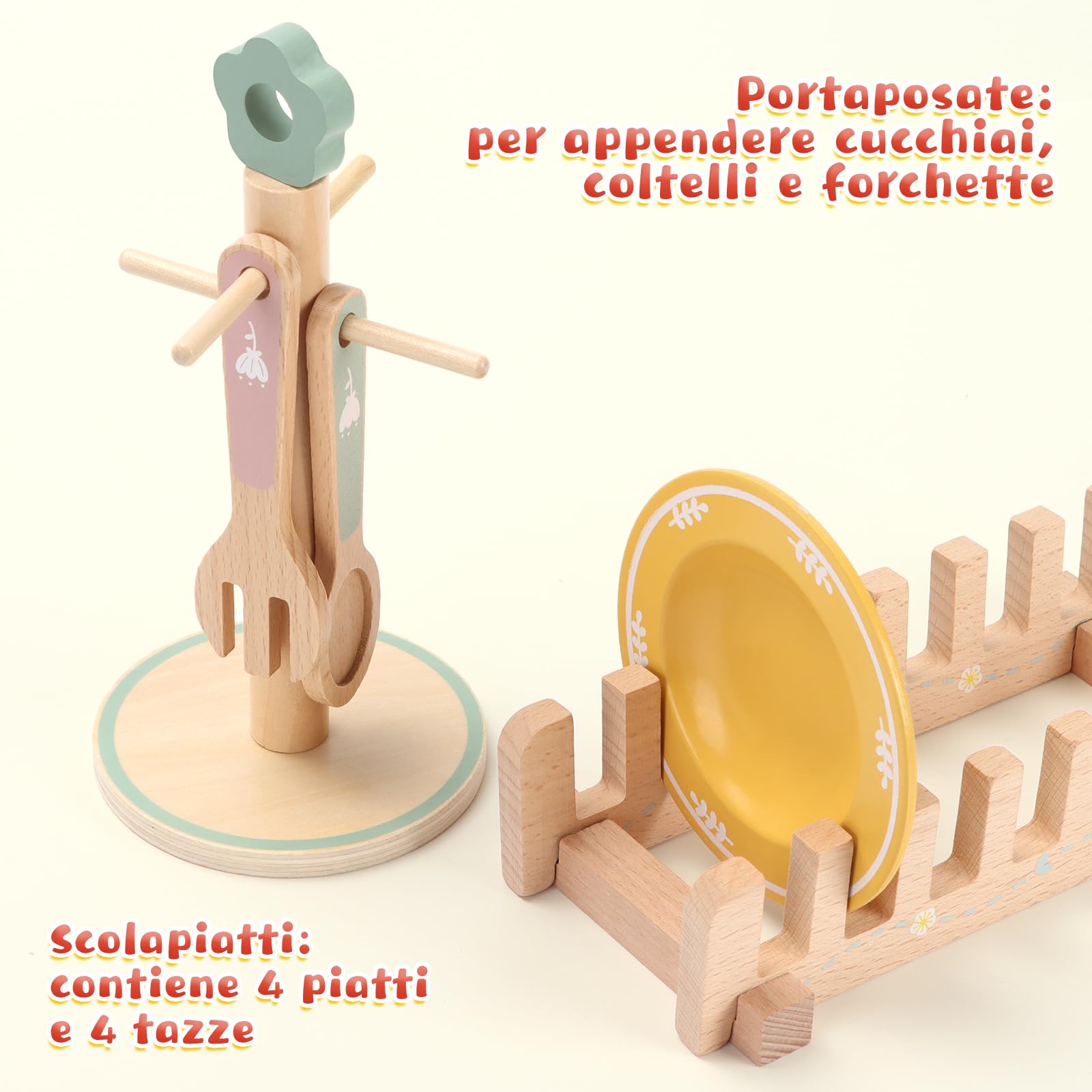 Charmofun Stoviglie Cucina Bambini in Legno, 30 Pezzi Accessori Cucina Bambini di Legno, Cucina Tea Party Regalo per Ragazze Ragazzi 4 5 6 7 8 anni