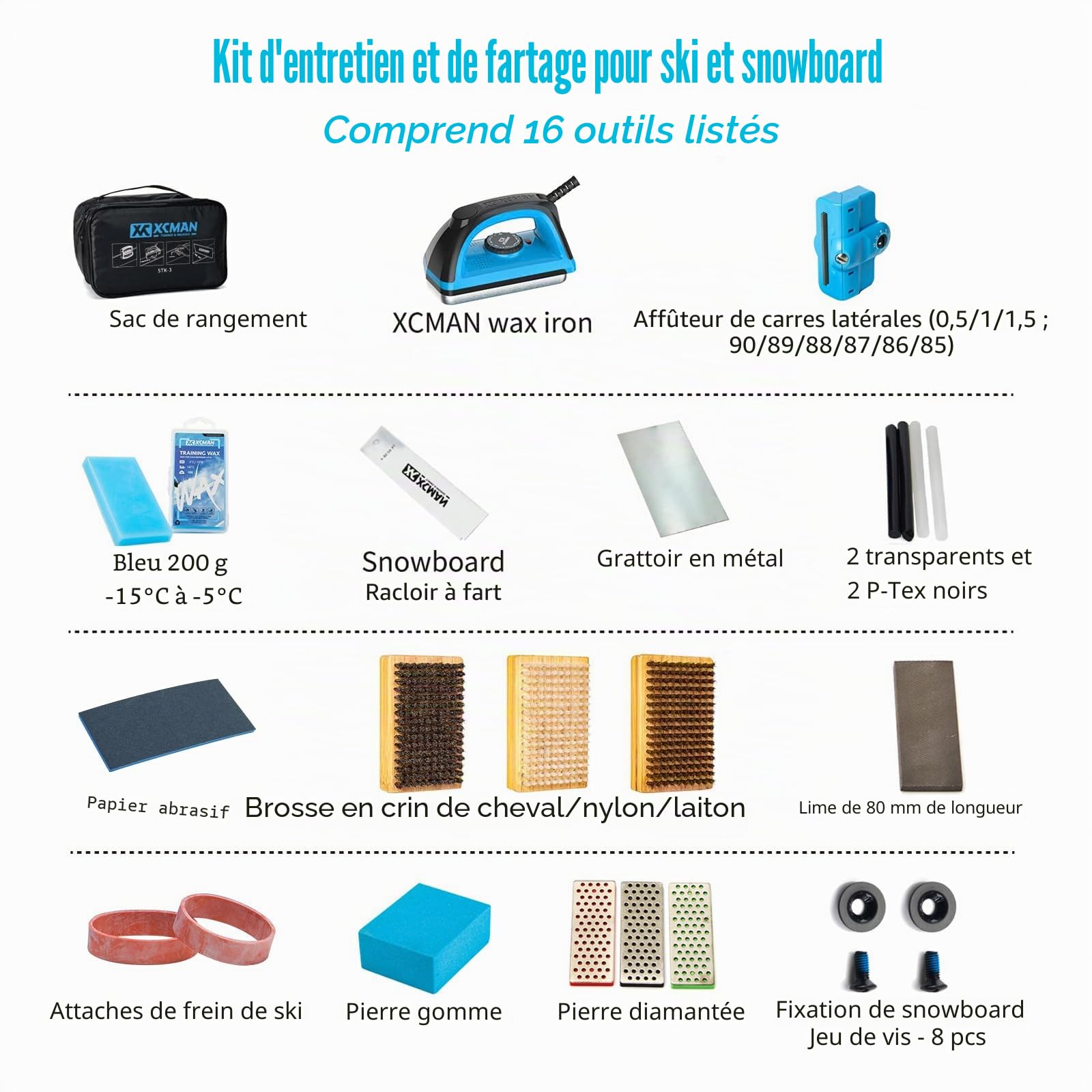 Kit complet XCMAN réglage fartage ski snowboard fer à cirer cire ski régleur bord latéral réparation base Ptex pierre gommeuse diamantées